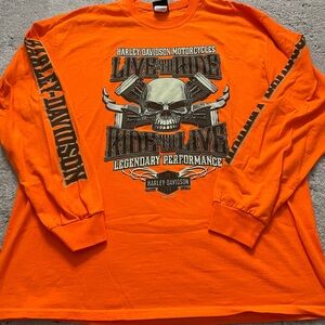 Harley-Davidson Orange Long Sleeve Tee with Skull Graphic